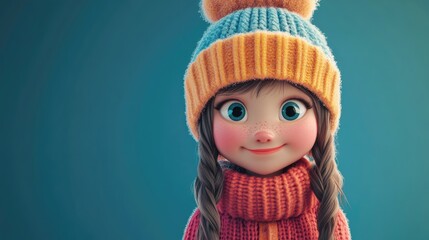 Fototapeta premium Cheerful girl dressed in winter attire sporting a whimsical warm hat