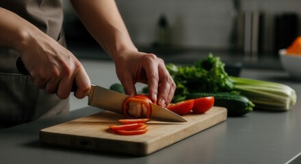 Chef slicing fresh tomato on wooden cutting board in kitchen