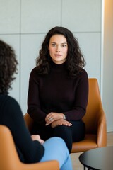 Fototapeta premium A woman in a black sweater sits in a chair with her hands on her lap. She is looking at the camera