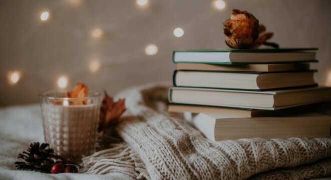Cozy reading nook with books, warm knit, fairy lights