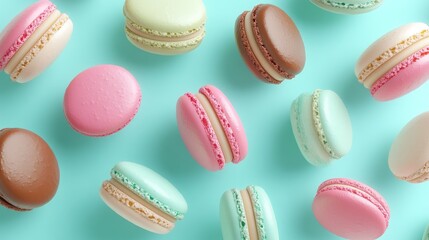 Colorful almond macarons on a pastel turquoise background viewed from above showcasing a delightful assortment of these delectable treats