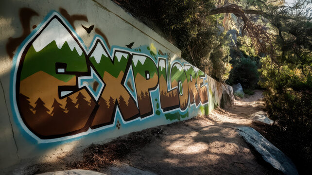 Vibrant graffiti art spell out 'Explore' on a shaded path, inviting adventure in nature with lush greenery and earthy tones.