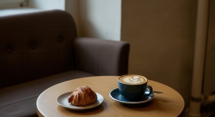 Cozy coffee shop ambiance with cappuccino croissant