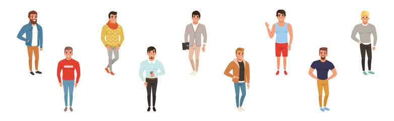 Young Man Modern Student Character Standing in Casual Fashion Wear Vector Set