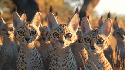 Fototapeta premium Curious group of young serval cats gazing directly at the camera captured during golden hour with an ultra wide angle lens