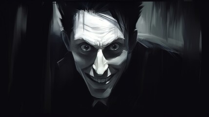 Mysterious portrait of a man with intense and wild smile making eye contact with camera