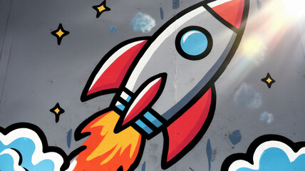 An illustrated rocket launching into space, featuring vivid colors and dynamic flames, set against a playful, cloud-filled background.