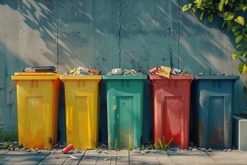 Four Overfilled Trash Bins Against a Concrete Wall
