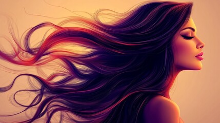 A digital illustration of a woman with long flowing hair in profile.