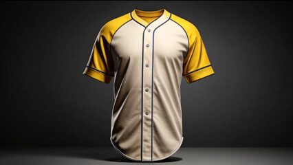 A cream and yellow baseball jersey with blue trim is displayed from the front, showcasing its classic design against a dark background