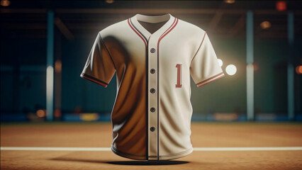 A cream-colored baseball jersey with red and blue trim is displayed from the front and back against a blurred background of a baseball stadium