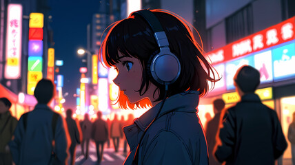 A young woman with headphones on walks through a vibrant, neon-lit city street at night, engrossed in her music