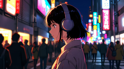 A young woman with headphones on walks through a vibrant, neon-lit city street at night, engrossed in her music