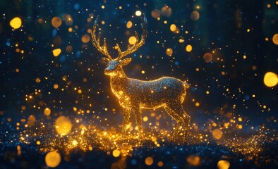 Fototapeta premium Glittering gold deer on a blue background with glowing particles, for a Christmas and New Year celebration Shiny gold powder effect, shiny light effects Generative AI