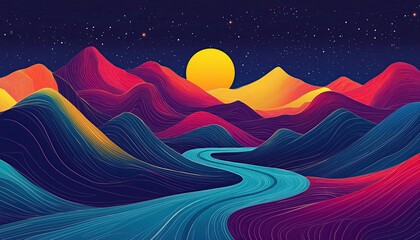 Obraz premium Vibrant abstract landscape with colorful mountains and river at night