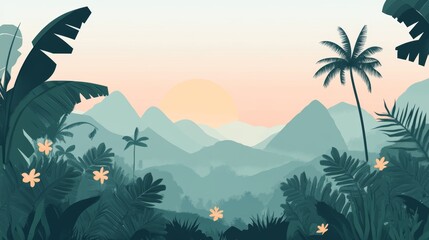Tropical Sunset Landscape with Lush Foliage. Minimalist Flat Illustration.