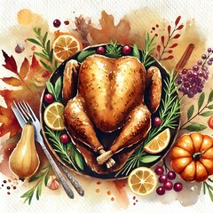 Festive Table for Thanksgiving Holiday with Whole Roasted Turkey. Juicy Garnished Turkey with Pumpkin, Rosemary, Herbs. Traditional Holiday Food for Christmas, Cozy Autumn Vegetables. Generative AI