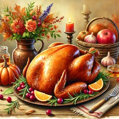 Festive Table for Thanksgiving Holiday with Whole Roasted Turkey. Juicy Garnished Turkey with Pumpkin, Rosemary, Herbs. Traditional Holiday Food for Christmas, Cozy Autumn Vegetables. Generative AI