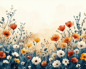 Obraz premium Whimsical watercolor cozy floral, colorful flowers and delicate green leaves, minimalist look.