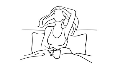 Happy morning in bed continuous line art drawing isolated on white background. Happy lady relax line art. Vector illustration