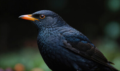 A blackbird with an orange beak perches on a branch in the forest