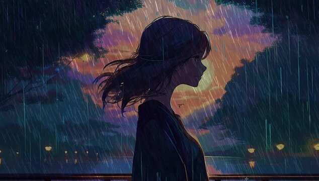 Lonely girl standing in the rain on the bridge anime art style, loneliness, sadness, broken heart concept