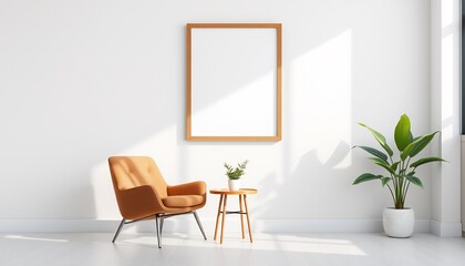 mockup picture frame on wall in minimalist bright interior with brown armchair, small table and houseplant