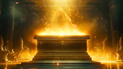 The Ark of the Covenant, an ancient sacred chest, intricately designed with gold.
Bible Jewish God holiest chest.

