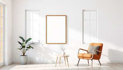 mockup picture frame on wall in minimalist bright interior with brown armchair, small table and houseplant