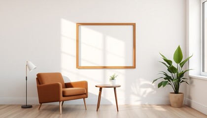 mockup picture frame on wall in minimalist bright interior with brown armchair, small table and houseplant