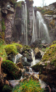 Misty waterfall drop, Rough Burn, Mistylaw Muir, Renfrewshire,Scotland,UK