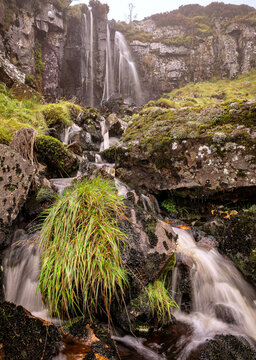 Grassy waterfall with grass, Rough Burn, Mistylaw Muir, Renfrewshire,Scotland,UK
