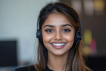 customer service representative, an indian customer service rep wearing a headset smiles confidently against a neutral backdrop, with free copy space