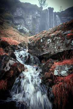 Rocky misty waterfall, Rough Burn, Mistylaw Muir, Renfrewshire,Scotland,UK