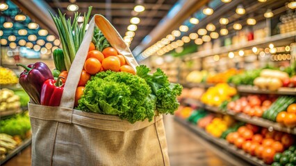  Eco-friendly grocery bag with fresh organic vegetables in store