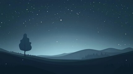 Obraz premium Silhouetted Landscape Under a Starry Sky. Minimalist Flat Illustration.