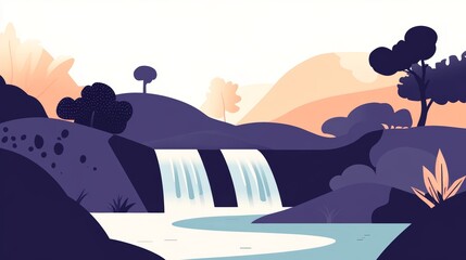 Obraz premium Serene Waterfall in a Purple and Orange Landscape. Minimalist Flat Illustration.
