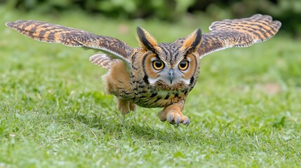 Obraz premium An owl with large, bright yellow eyes flies low to the ground with its wings spread wide.