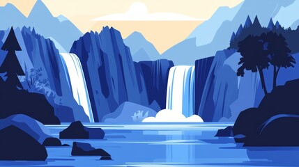 Serene Waterfall Landscape in Blue Hues. Minimalist Flat Illustration.