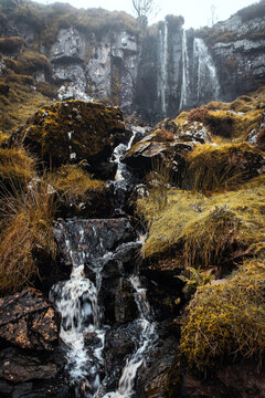 A misty waterfall, Rough Burn, Mistylaw Muir, Renfrewshire,Scotland,UK