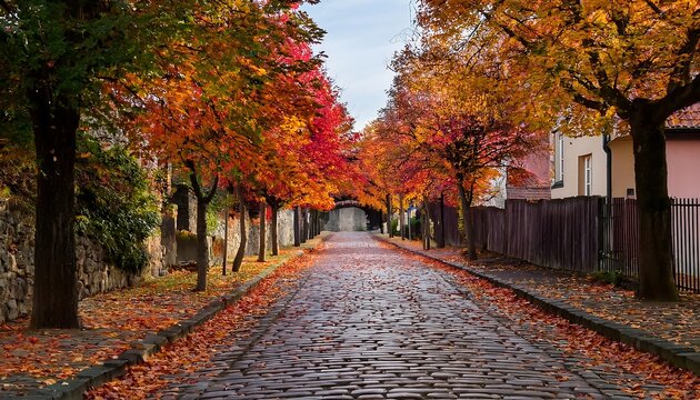  Village street lined with trees in full autumn splendor, their colorful leaves covering the_1(1887)