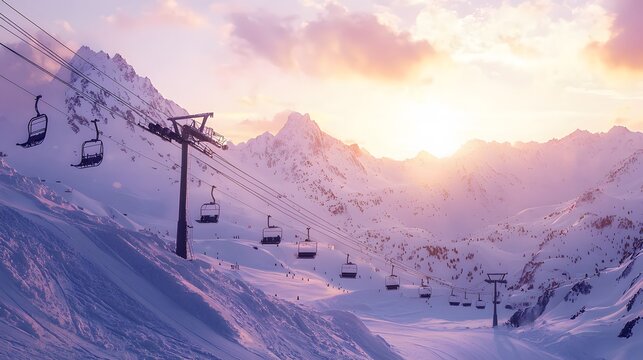 Ski and snowbording lift on pristine snowy terrain. Winter thrill, mountain leisure and outdoor sports fun