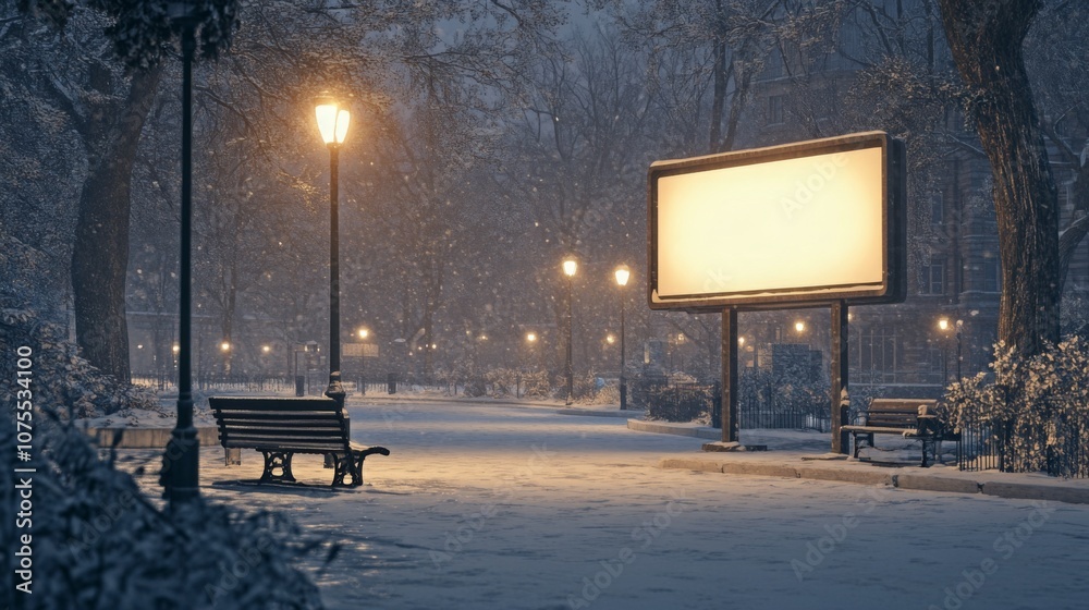 Leinwandbilder the park is blanketed in fresh snow, illuminated by street lamps, creating a serene atmosphere in th