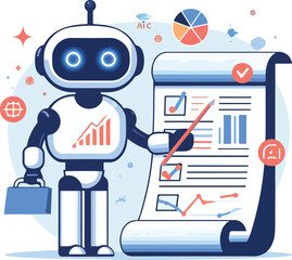 A robot with AI symbol holding data charts and documents points to a checklist on a scroll. Ideal for technology, artificial intelligence, data analysis, automation, and innovation. Simple vector art 