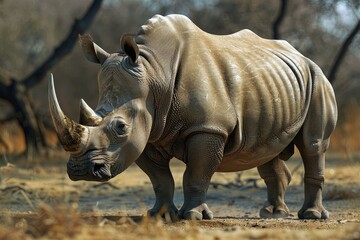 Fototapeta premium Large white rhinoceros is standing in the savanna on a sunny day