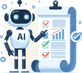 A robot with AI symbol holding data charts and documents points to a checklist on a scroll. Ideal for technology, artificial intelligence, data analysis, automation, and innovation. Simple vector art 