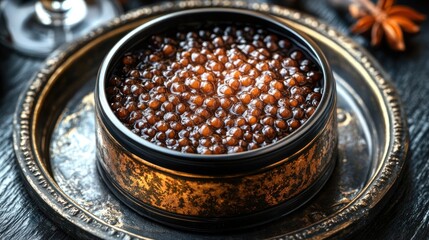 Black caviar in a tin on a silver tray.