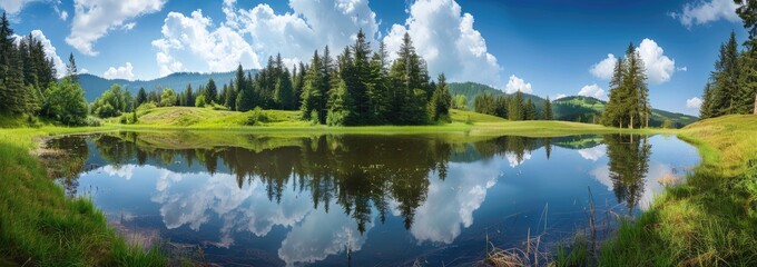 Stunning panorama background from the Mummelsee in the Black Forest on the Black Forest High Road, with reflection in the water