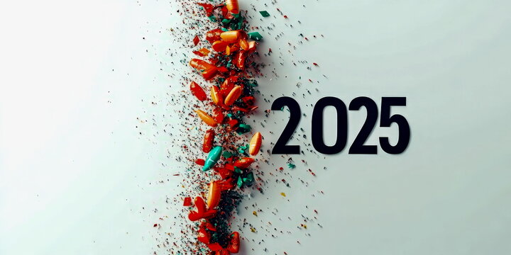 Minimalist New Year banner with "2025" text, confetti and blank space on the side for personalized message