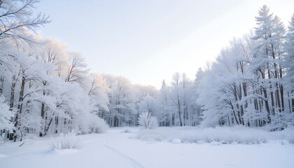 Winter landscape with snow-covered trees and a serene white background